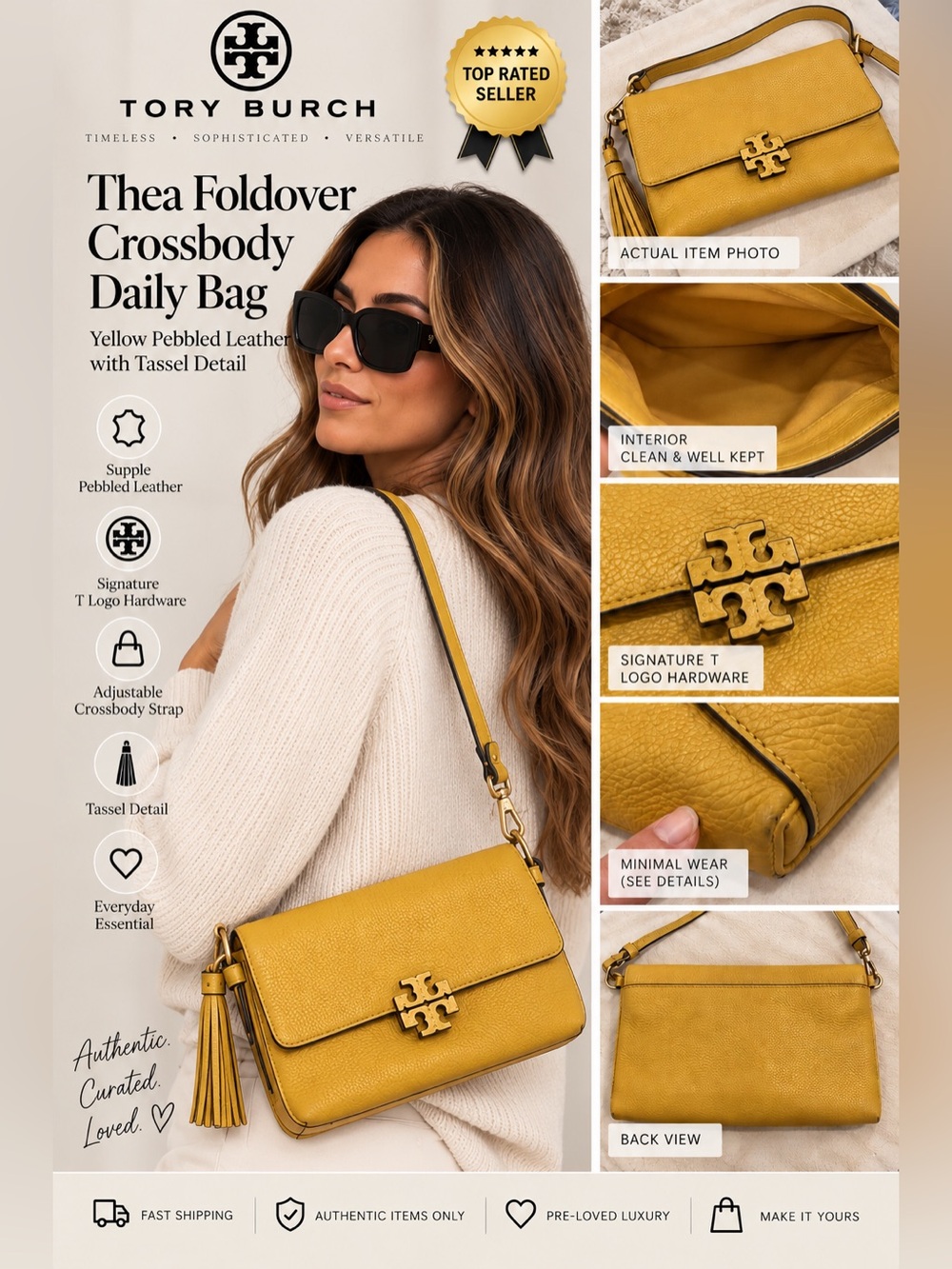 Tory Burch Thea Foldover Crossbody Daylily Yellow Leather Bag